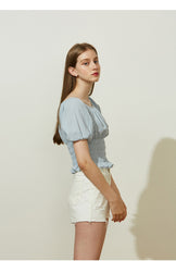 High-Waisted Raw Hem Denim Shorts in Cotton Blend Fabric