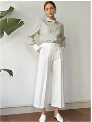 High-Waisted Wide-Leg Linen Pants with Belted Waistband and Tailored Pleats for Women