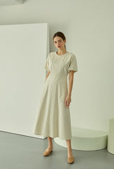 Square Neck Linen Dress with Short Puff Sleeves and Flared Midi Hem