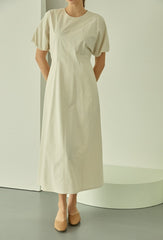 Square Neck Linen Dress with Short Puff Sleeves and Flared Midi Hem