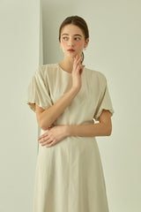 Square Neck Linen Dress with Short Puff Sleeves and Flared Midi Hem