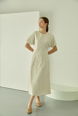 Square Neck Linen Dress with Short Puff Sleeves and Flared Midi Hem
