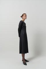 Elegant Long-Sleeve A-Line Silk Midi Dress for Women with Smooth Satin Texture and Flowy Drape