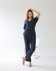 V-Neck Belted Wide-Leg Linen Jumpsuit with Short Sleeves