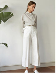High-Waisted Wide-Leg Linen Pants with Belted Waistband and Tailored Pleats for Women
