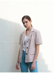 Short Sleeve Tailored Linen Blouse with Notched Lapel and Button Front Closure