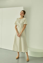 Square Neck Linen Dress with Short Puff Sleeves and Flared Midi Hem