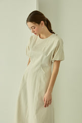 Square Neck Linen Dress with Short Puff Sleeves and Flared Midi Hem