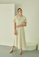 Square Neck Linen Dress with Short Puff Sleeves and Flared Midi Hem
