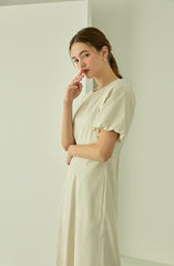 Square Neck Linen Dress with Short Puff Sleeves and Flared Midi Hem