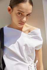 Asymmetrical Off-Shoulder Linen Mini Dress with Side Tie and Soft Draped Silhouette