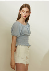 High-Waisted Raw Hem Denim Shorts in Cotton Blend Fabric