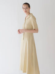 Elegant Short-Sleeve Linen Midi Dress with Shawl Collar and Button-Down Front Closure
