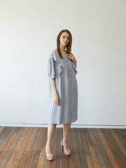 Linen Midi Dress with Ruffle Details and Puff Sleeves – Soft Flowy Women's Summer Dress