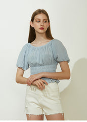 Puff Sleeve Shirred Linen Blouse with Stretch Waist and Ruffle Hem for Flattering Fit
