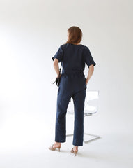 V-Neck Belted Wide-Leg Linen Jumpsuit with Short Sleeves