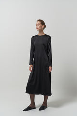 Elegant Long-Sleeve A-Line Silk Midi Dress for Women with Smooth Satin Texture and Flowy Drape