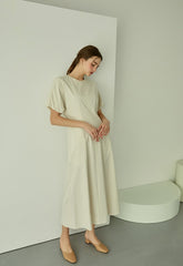 Square Neck Linen Dress with Short Puff Sleeves and Flared Midi Hem
