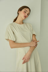 Square Neck Linen Dress with Short Puff Sleeves and Flared Midi Hem