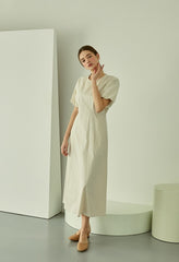 Square Neck Linen Dress with Short Puff Sleeves and Flared Midi Hem