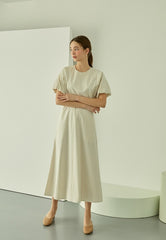 Square Neck Linen Dress with Short Puff Sleeves and Flared Midi Hem