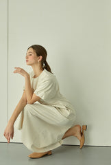 Square Neck Linen Dress with Short Puff Sleeves and Flared Midi Hem