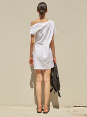 Asymmetrical Off-Shoulder Linen Mini Dress with Side Tie and Soft Draped Silhouette
