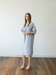 Linen Midi Dress with Ruffle Details and Puff Sleeves – Soft Flowy Women's Summer Dress