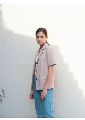 Short Sleeve Tailored Linen Blouse with Notched Lapel and Button Front Closure