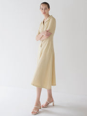 Elegant Short-Sleeve Linen Midi Dress with Shawl Collar and Button-Down Front Closure
