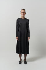 Elegant Long-Sleeve A-Line Silk Midi Dress for Women with Smooth Satin Texture and Flowy Drape