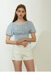 Puff Sleeve Shirred Linen Blouse with Stretch Waist and Ruffle Hem for Flattering Fit