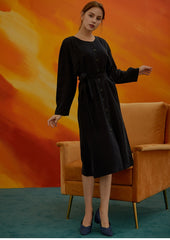 Women's Linen Button-Down Midi Dress with Long Sleeves and Waist Tie for Timeless Style