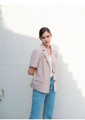 Short Sleeve Tailored Linen Blouse with Notched Lapel and Button Front Closure