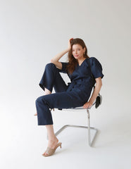 V-Neck Belted Wide-Leg Linen Jumpsuit with Short Sleeves