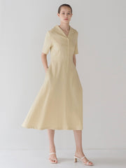Elegant Short-Sleeve Linen Midi Dress with Shawl Collar and Button-Down Front Closure
