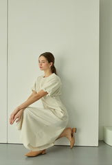 Square Neck Linen Dress with Short Puff Sleeves and Flared Midi Hem