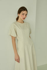 Square Neck Linen Dress with Short Puff Sleeves and Flared Midi Hem