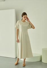 Square Neck Linen Dress with Short Puff Sleeves and Flared Midi Hem