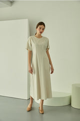 Square Neck Linen Dress with Short Puff Sleeves and Flared Midi Hem