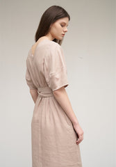 Women's Belted Linen Midi Dress – Short Wide Sleeve Dress with Side Slit and V-Back