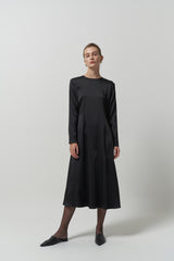 Elegant Long-Sleeve A-Line Silk Midi Dress for Women with Smooth Satin Texture and Flowy Drape