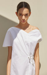 Asymmetrical Off-Shoulder Linen Mini Dress with Side Tie and Soft Draped Silhouette