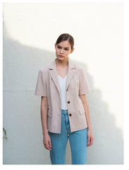 Short Sleeve Tailored Linen Blouse with Notched Lapel and Button Front Closure
