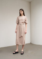 Women's Belted Linen Midi Dress – Short Wide Sleeve Dress with Side Slit and V-Back