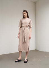 Women's Belted Linen Midi Dress – Short Wide Sleeve Dress with Side Slit and V-Back