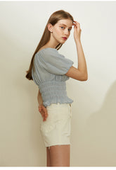 High-Waisted Raw Hem Denim Shorts in Cotton Blend Fabric