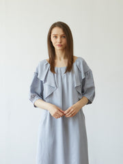Linen Midi Dress with Ruffle Details and Puff Sleeves – Soft Flowy Women's Summer Dress