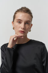 Elegant Long-Sleeve A-Line Silk Midi Dress for Women with Smooth Satin Texture and Flowy Drape