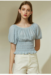 Puff Sleeve Shirred Linen Blouse with Stretch Waist and Ruffle Hem for Flattering Fit